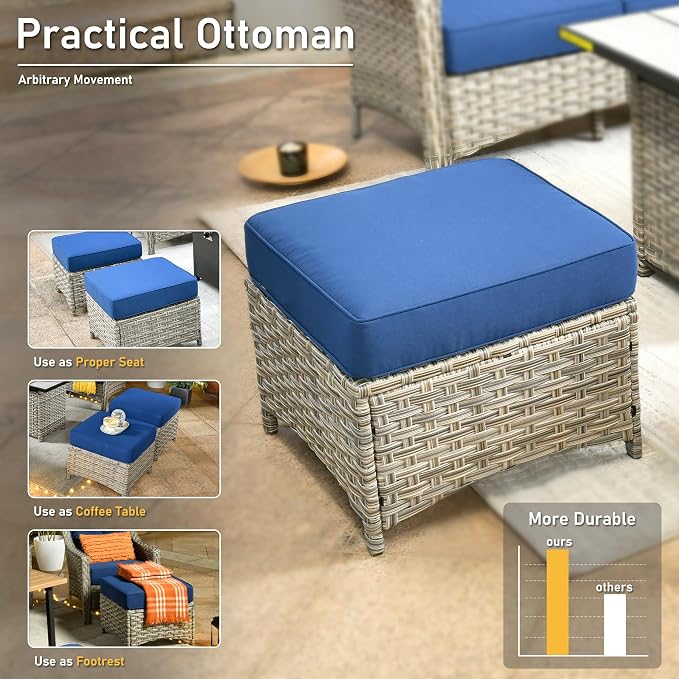 HOOOWOOO 6 Piece Patio Furniture Conversation Sets with Swivel Rocking Chairs,Outdoor Wicker Furniture with Ottoman,All Weather Resistant High Back Rattan Conversational Set(Navy Blue)