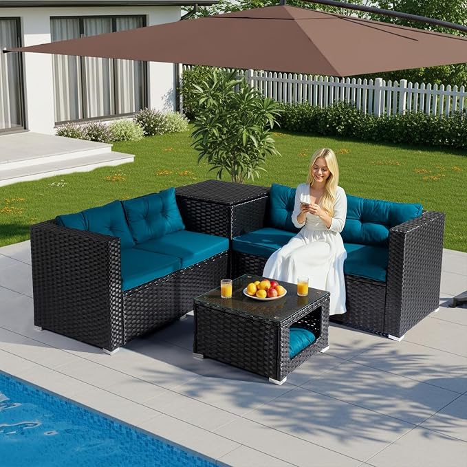 Outvita 4 Piece Outdoor Patio Furniture Set, PE Rattan Conversation Sofa Set, Wicker All-Weather Outside Furniture w/Glass Top Coffee Table with Pet Ped & Hidden Storage for Garden, Balcony (Black)