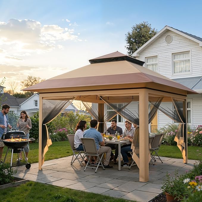 Driftalia 13x13 Pop Up Gazebo, Instant Outdoor Gazebo with Mosquito Netting, Vented Roof and Carry Bag for Patio, Garden & Backyard - Beige & Coffee