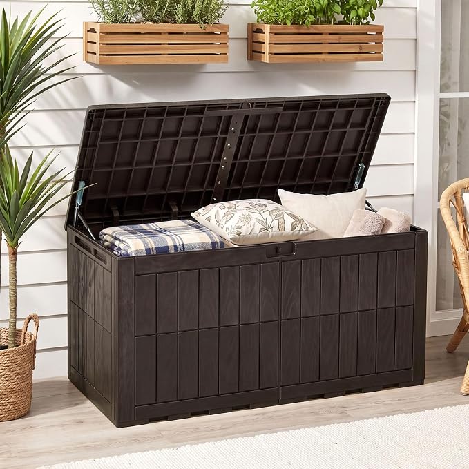 HAPPYGRILL 120 Gal Outdoor Deck Box, Lockable Storage Bin with Lid and Handles, Waterproof and Sun-Protective Patio Bench and Storage Box for Garden Tools Pool Supplies (Dark Brown, 120Gallon)