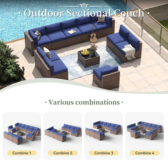 Aoxun 11 Piece Patio Furniture Set Wicker Rattan Patio Conversation Set Outdoor Sectional Sofa Set with Coffee Table and 4” Thickened Cushions, Blue