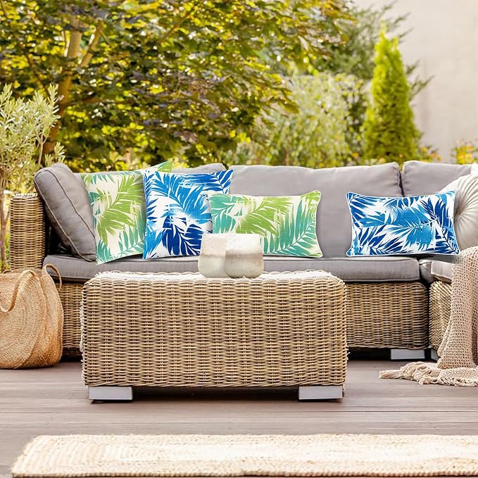JMGBird Outdoor Pillows Waterproof 18x18 Throw Pillows with Inserts 2pcs | Blue Leaf Pattern UV Fade Resistant Patio Pillows