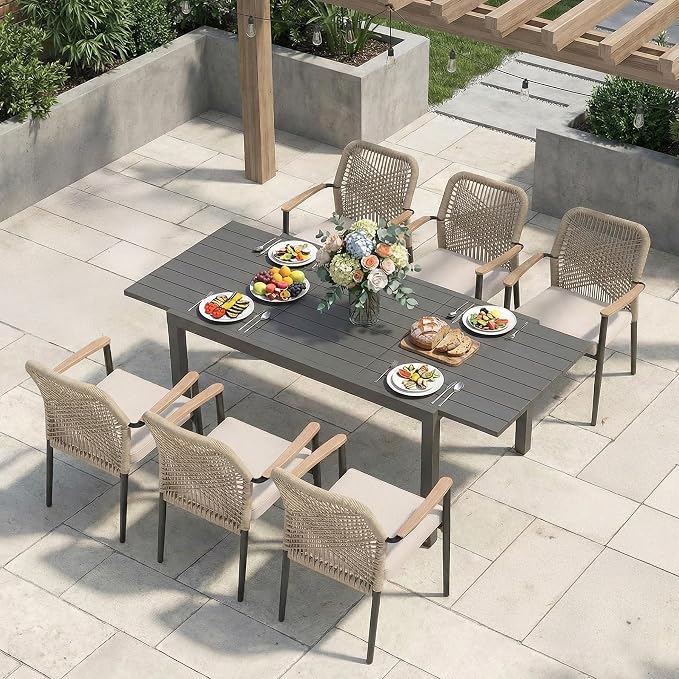 SUNSITT 7 Piece Outdoor Patio Dining Set, 59" - 83" Aluminum Expandable Outdoor Dining Table and 6 Woven Wicker Patio Chairs w/WPC Armrests for Garden, Dark Grey