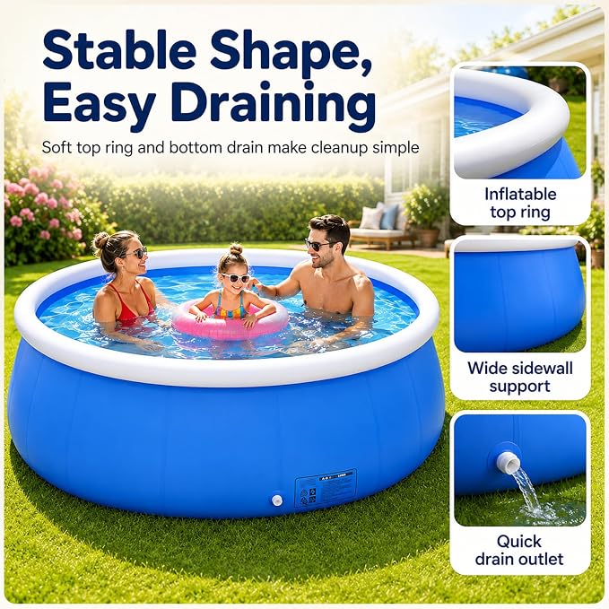 Large Round Inflatable Pool for Kids & Adults, Outdoor Oversized Thickened Family Swimming Pool with Quick Drain & Foldable Mesh Coil Structure, Family Swimming Pool for Backyard