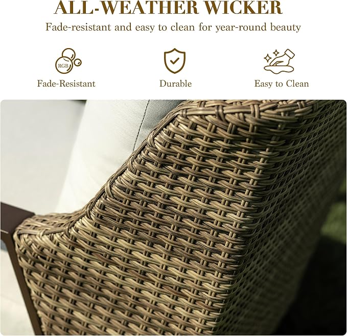 3 Piece Wicker Patio Bistro Set, All Weather Outdoor Conversation Set with Thick Washable Olefin Cushions, 2 Armchairs & Coffee Table for Backyard Deck Porch, Beige