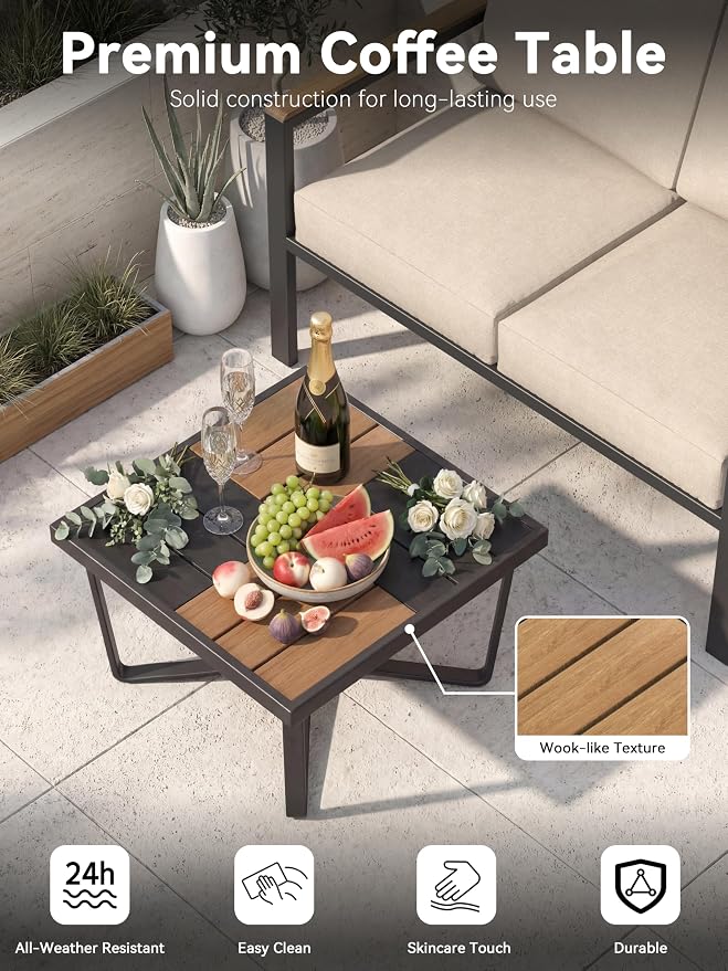5-Piece Patio Furniture Set with Fire Pit Table & Coffee Table & Removable Washable Cushions, All-Weather Metal Frame and Wood-Like Armrests for Porch, Garden, Balcony,Beige