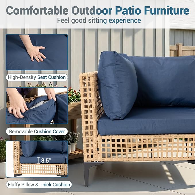 5-Piece Outdoor Wicker Patio Sectional Furniture Set, Dark Blue | 4-Seat, PE rattan, All weather performance, Patio onversation set, for Backyard Porch Poolside Deck