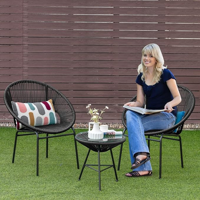COSTWAY 3-Piece Outdoor Acapulco Chair Set, Wicker Conversation Bistro Sets with Plastic Rope, Glass Top Table, Patio Rattan Furniture Set for Garden, Balcony, Lawn, Backyard, Apartment, Black