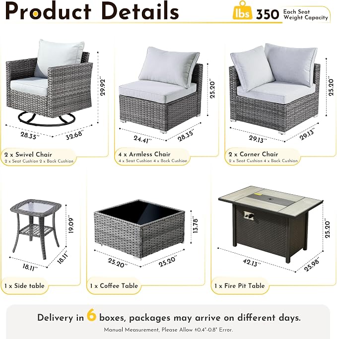 Weaxty 11 Piece Patio Furniture Set with Fire Pit Table, Outdoor Sectional Couch Swivel Rocker Patio Chairs with Coffee Table Wicker Conversation Sets for Balcony Backyard, Light Gray