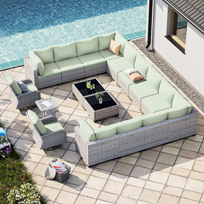 17-Piece Patio Furniture Set, Outdoor Patio Furniture with Swivel Chairs Set, Thick Cushions, Modular Patio Sofa, Dual-Strand Rattan, Rust-Resistant Frame, Light Green