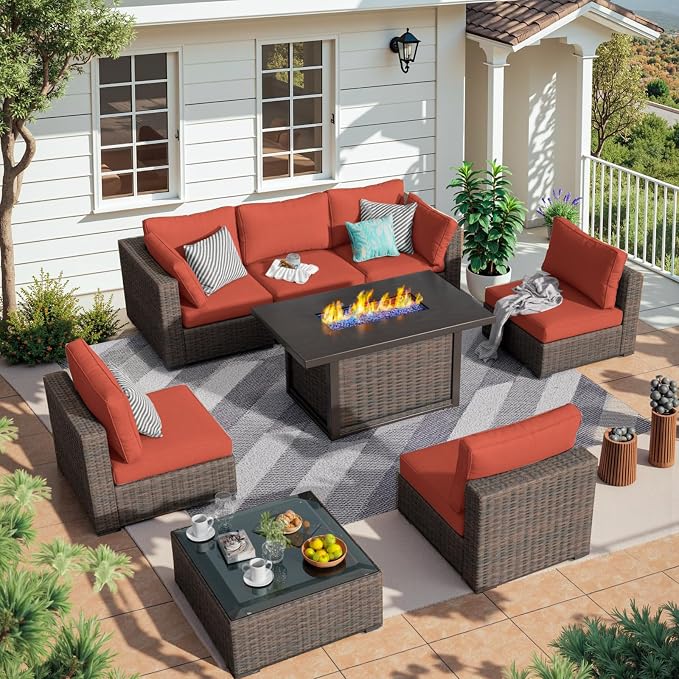 8 Piece Patio Furniture Set with Fire Pit Table All Weather PE Rattan Outdoor Sectional Sofa Couch with No-Slip Cushions and Glass Top Table for Garden, Poolside, Backyard (Red)