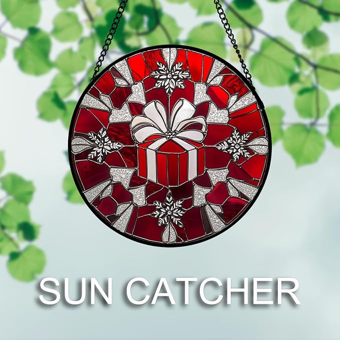 DASTOLL Stained Glass Window Hanging 4 Pcs Set Red Christmas Decorations Theme 9.8" - Suncatcher Door Garden Sun Catcher Decor Birthday for Mom Woman Nana Men Friend Wife