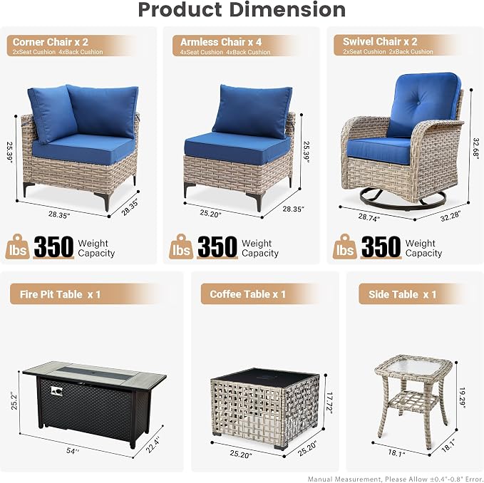 Outdoor Patio Furniture Sets,11 PCS Patio Conversation Set Outside Rattan Sectional Sofa with 54 in Fire Pit Table Wicker Rocking Chair Coffee Table Fit Backyard Porch Garden Poolside Balcony