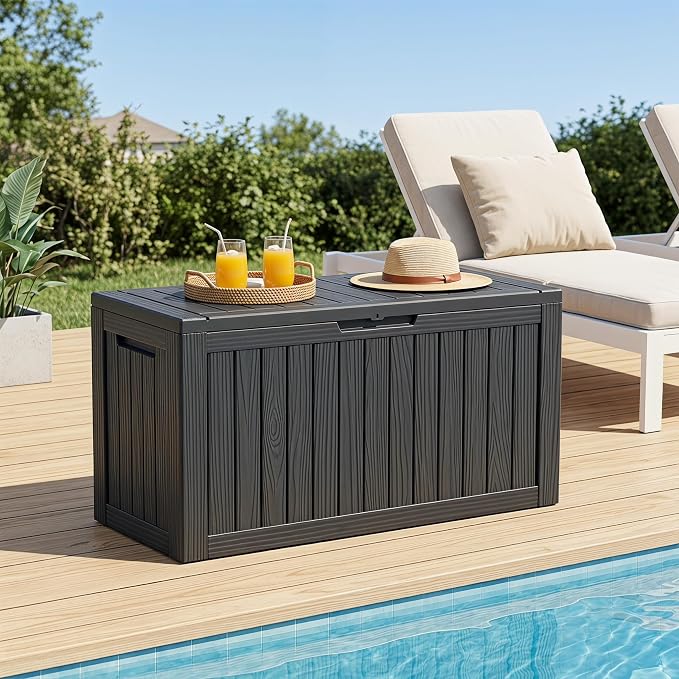 182 Gallon Outdoor Deck Storage Box, Large Waterproof Resin Patio Storage Box, Lockable Bench Seat Holds 2 Adults, for Garden Tools, Cushions & Pool Floats, UV & Rust Resistant, Black