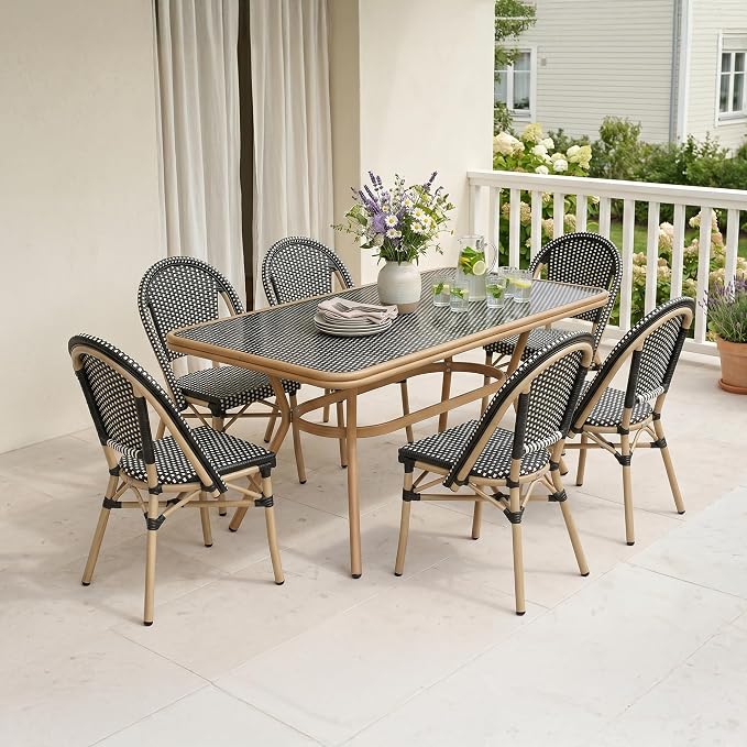 PURPLE LEAF 7-Piece French Bistro Dining Set Rectangle Outdoor Patio Table and 6 Armless Chairs Tempered Glass Top PE Rattan Champagne Print Finish Aluminum Frame Black