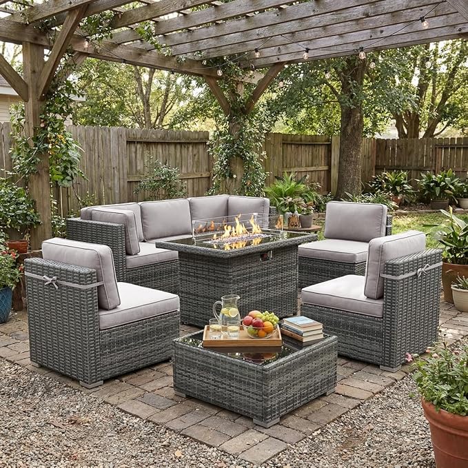 LayinSun 8 Piece Patio Furniture Set with 44" Propane Gas Fire Pit Table, Outdoor Sectional Conversation Set Wicker Rattan Sofa Set with Coffee Table