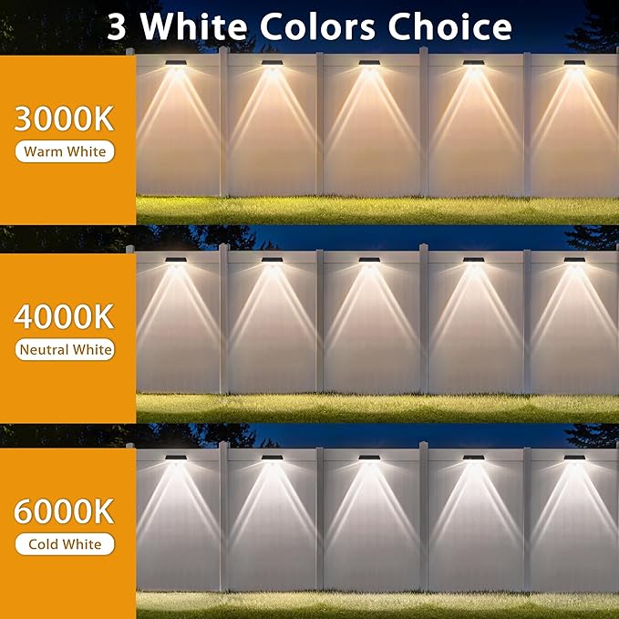Solar Fence Lights Outdoor, 8 Pack Fence Lights Solar Powered, 3 Color Modes Warm/Natural/Cool White (3000K/4000K/6000K), IP67 Waterproof Dusk to Dawn Solar Lights for Fence, Backyard, Patio, Deck