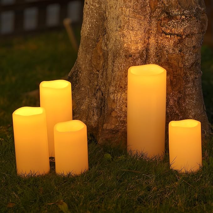 NURADA Large Outdoor Solar Candles Waterproof - 12" x 5" Rechargeable Solar Powered Flameless LED Pillar Flickering Candle for Patio Porch Lanterns Decor - Ivory Set of 2