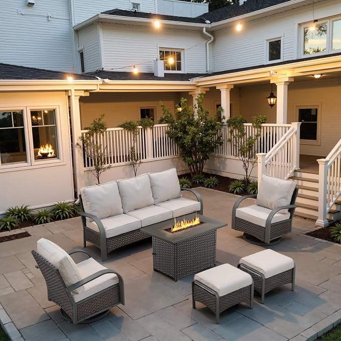 Belord Patio Furniture Set with Fire Pit Table - 50000 BTU Propane Fire Pit, 6 Piece Outdoor Conversation Furniture Sets with 2 Swivel Rocker Chair Rattan Sofa Perfect for Casual Gathering