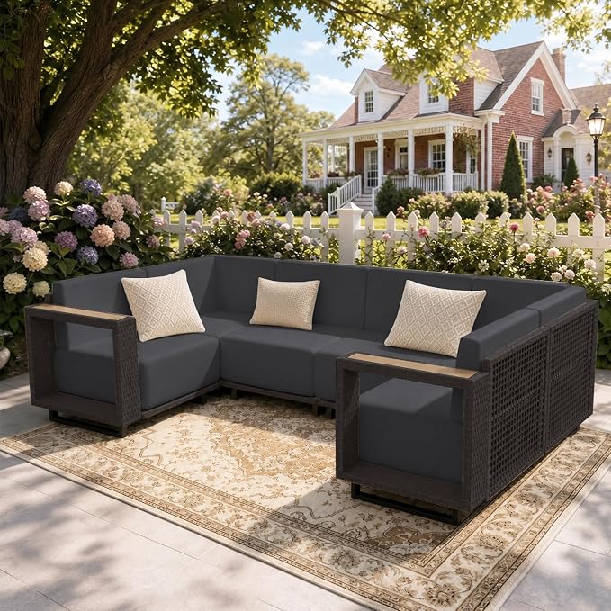 LazySunsets Patio Furniture Set, 6 Pieces Wicker Outdoor Sectional Sofa with 10'' Ultra-Thick Cushions & Ottomans, All-Weather Rattan Conversation Set for Backyard Poolside, Brown/Dark Gray