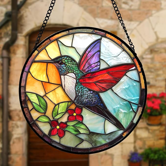 DASTOLL Stained Glass Window Hanging, Hummingbird Gifts Sun Catchers Diamond Glass Panel Hangings Birds Suncatcher Decor for Birthday for Women, Men, Wife, Aunt, and Mom 9.8X9.8IN
