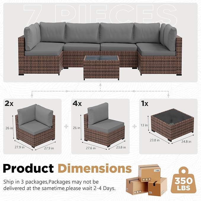 LHBcraft 7 Pieces Outdoor Wicker Rattan Patio Furniture with Rain Cover, Wicker Rattan Outdoor Sectional Sofa Set with Coffee Table & Gery Cushions for Garden, Poolside
