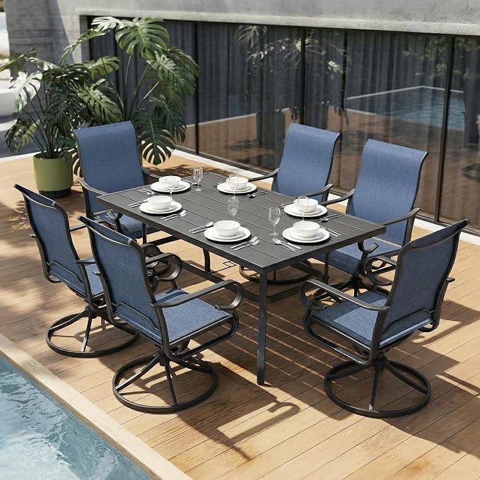 NUU GARDEN 7-Piece Patio Dining Set for 6, Textilene Swivel Chairs | All-weather blue patio furniture set for 6. Breathable textilene swivel rockers. Large table with umbrella hole