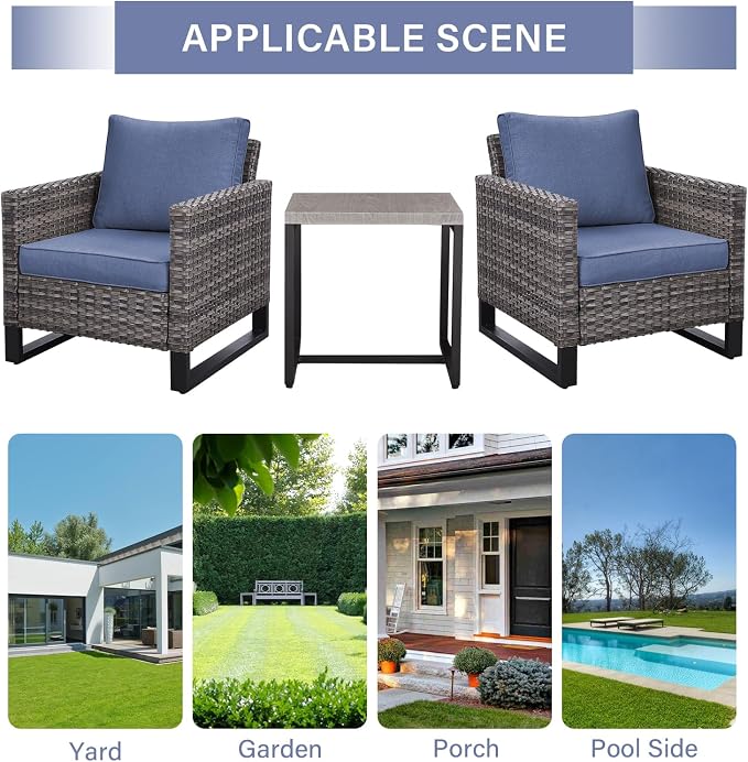 Luxury Wicker Outdoor Patio Chairs Set - 3 Piece Rattan Patio Furniture Bistro Chairs Set with Waterproof Wicker,Comfortable Cushions and Sturdy Metal Frame for Porch Deck Backyard(Mixed Grey/Blue)