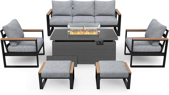 Sundale Outdoor Aluminum Patio Furniture Set, 6 Piece Outdoor Conversation Sets with Fire Pit and 6" Thick Olefin Cushions, All Weather Outdoor Sectional Set for Deck, Lawn, Yard