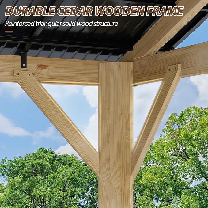 12' × 14' Wood Gazebo, Outdoor Cedar Hardtop Wooden Frame Gazebos with Galvanized Steel Roof for Garden, Patio, Deck