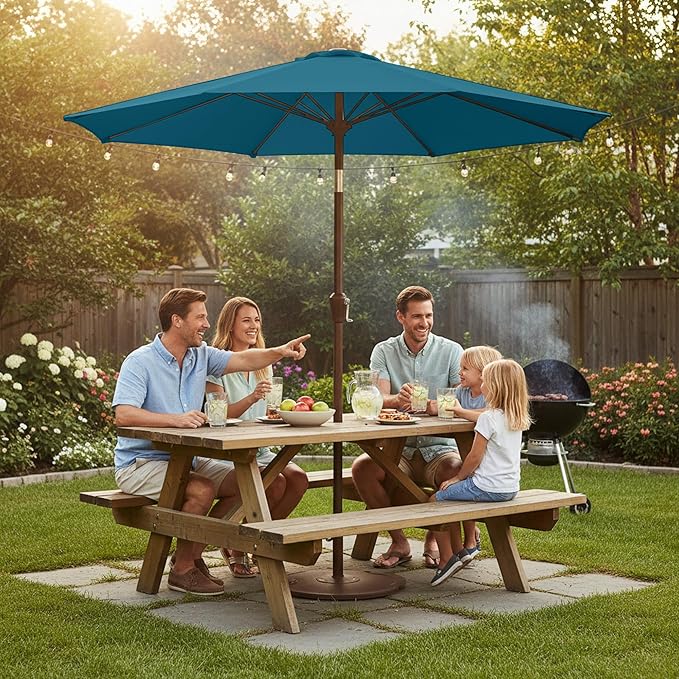 9ft Patio Umbrella with Push Button Tilt and Crank,Outdoor Market Table Umbrella UV Protection 8 Sturdy Ribs for Backyard,Garden,Pool,Deck(Lake Blue)