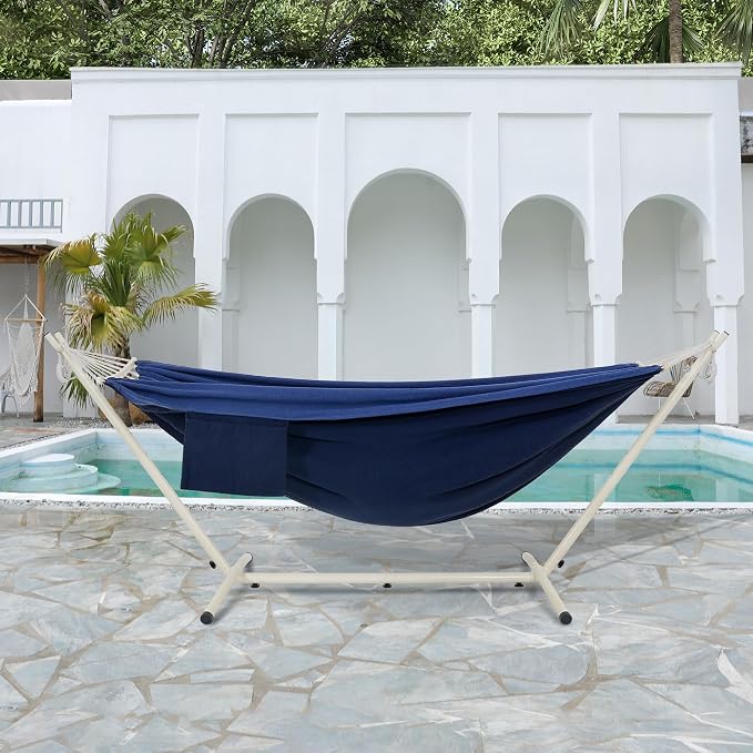 LazyDaze Hammocks Double Hammock with Stand - 2 Person Heavy Duty Outdoor Hammock for Adults, Includes Durable Steel Stand, Portable Carrying Bag and Pillow, Navy Blue