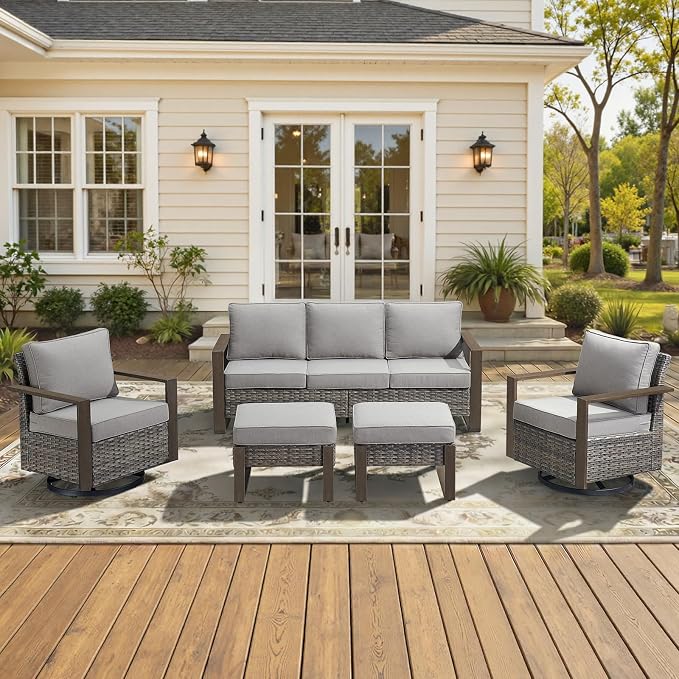 5-Piece Outdoor Patio Furniture Set with Swivel Chairs, All-Weather Wicker Sofa Set for Garden, Yard, Porch and Poolside Seating Grey/Grey