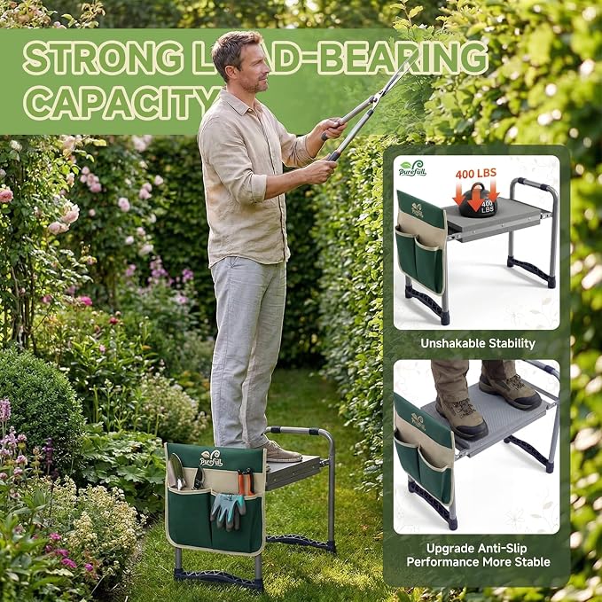 2-in-1 Heavy Duty Foldable Garden Kneeler And Stool With EVA Pad, Green | Wider Thicker Soft Foam Cushioning Includes Exclusive Storage Tool Bag Plus Color Gift Box Ideal Present For Seniors