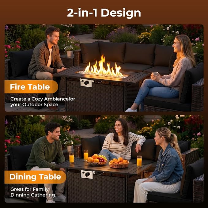 CHABATREE 8-Piece Wicker Patio Conversation Set with 44" Propane Fire Pit Table, Cozy Outdoor Sectional Sofa for Backyard Gatherings, Poolside Lounging & Garden Parties