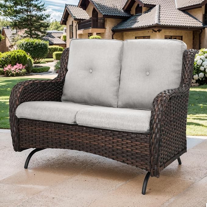 Patio Loveseat Wicker Loveseat Rattan Glider Sofa with Curved Armrest Thicking Back & Seat Cushions for Garden Balcony Backyard Brown Wicker|Beige Cushions (A) Patio Loveseat Glider