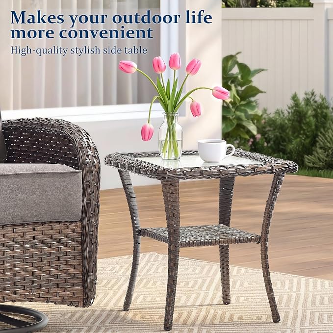 Outdoor Swivel Rocking Chair Patio Set (8-Piece), High-Back - Thick Cushion Swivel Rocking Chair Patio Set, All-Weather Wicker Patio Furniture Set, Suitable for Balcony Patios, Brown/Gery