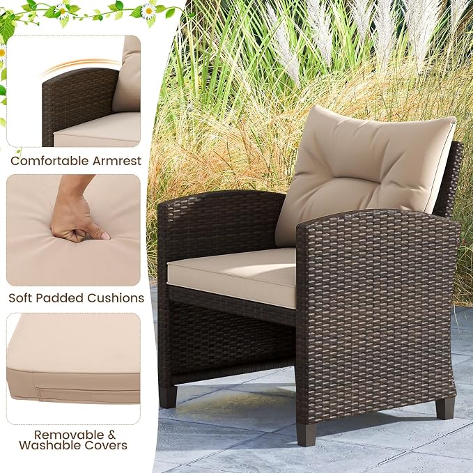 ORALNER 5 Pieces Patio Furniture Set with Ottoman, Wicker Conversation Set w/Cushions, Glass Coffee Table, Outdoor Rattan Lounger Chairs Bistro Set for Porch Balcony Garden Deck Poolside (Beige)