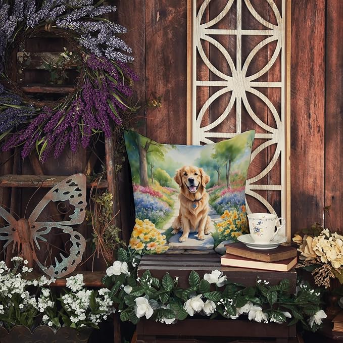 Caroline's Treasures Golden Retriever Spring Path Throw Pillow Machine Washable, Indoor Outdoor Decorative Pillow for Couch, Bed or Patio, 14Hx14W