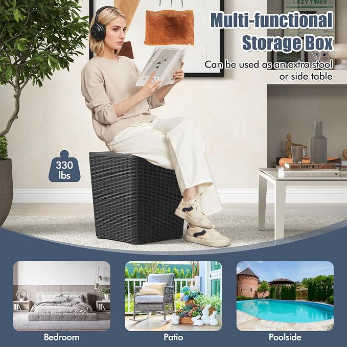 LDAILY 11.5 Gallon Outdoor Storage Box, Deck Box with Table Top & Stool, Resin Wicker Patio Side Table with Storage, Removable Lid, 330Lbs Capacity for Poolside, Balcony (Black)