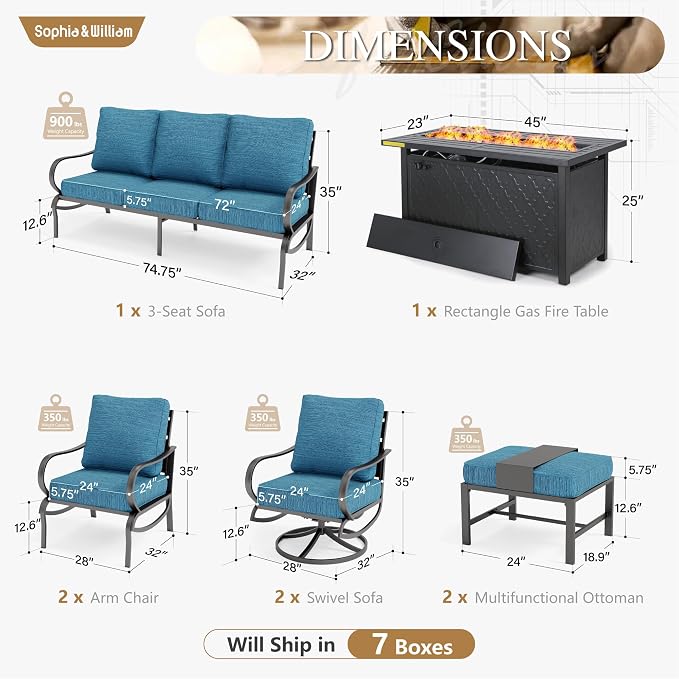 Sophia & William Patio Furniture Sets for 9 with 45" Gas Fire Pit Table Outdoor Conversation Sets, 2xSofa Chairs, 2xSwivel Cushion Chairs, 1x3-Seat Sofa, 2xOttomans for Porch Poolside Peacock Blue