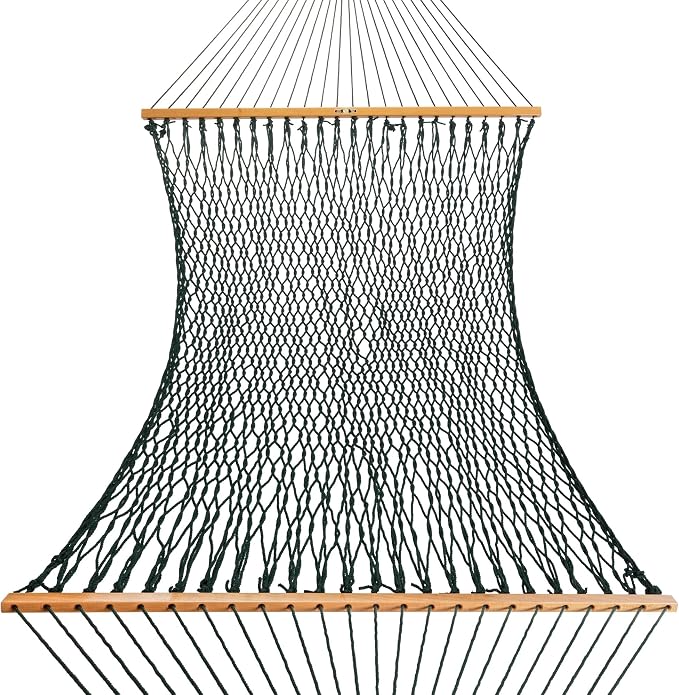 Original Pawleys Island Deluxe Green DuraCord Rope Hammock – 13 ft. x 60 in., 2-Person, 450 lb Capacity, Oak Spreader Bar, Zinc-Plated Hardware, Handcrafted in the USA