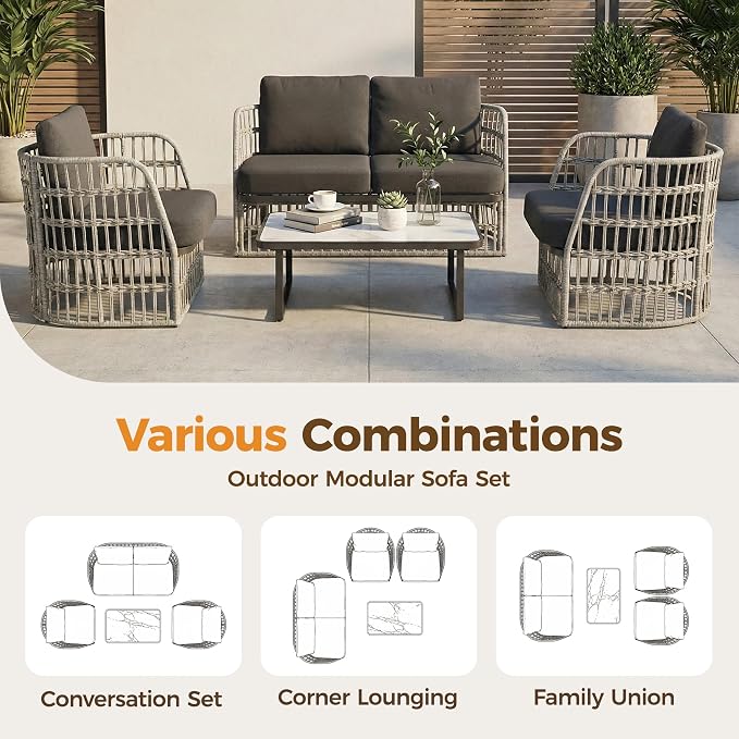 Outdoor Sectional Furniture Set, Patio Wicker Furniture Set, 4 Piece Rattan Patio Conversation Sets, Balcony Loveseat, Outdoor Sofa for Backyard, Garden, Outside, Lawn, Poolside, Grey