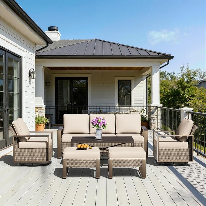 6 Pieces Metal Wicker Patio Furniture Set - 75" Sofa, Two Swivel Chairs and Two Ottomans, One Coffee Table All Weather Rattan Outdoor Conversation Furniture with Washable Cushion for Deck, Beige