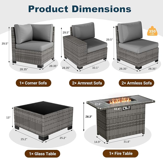 7 Piece Patio Furniture Set with Fire Pit Table, Outdoor Conversation Sets Wicker Rattan Sectional Sofa with Coffee Table, 4'' Thickened Cushion Dark Grey