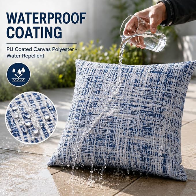 Outdoor Pillow Covers Waterproof Throw Pillow Covers, Set of 2 Jacquard Texture Water Resistant Fade Resistant Decorative Cushion Covers for Garden Patio Bench Couch Sofa, 18x18 Inch (Blue Grid)