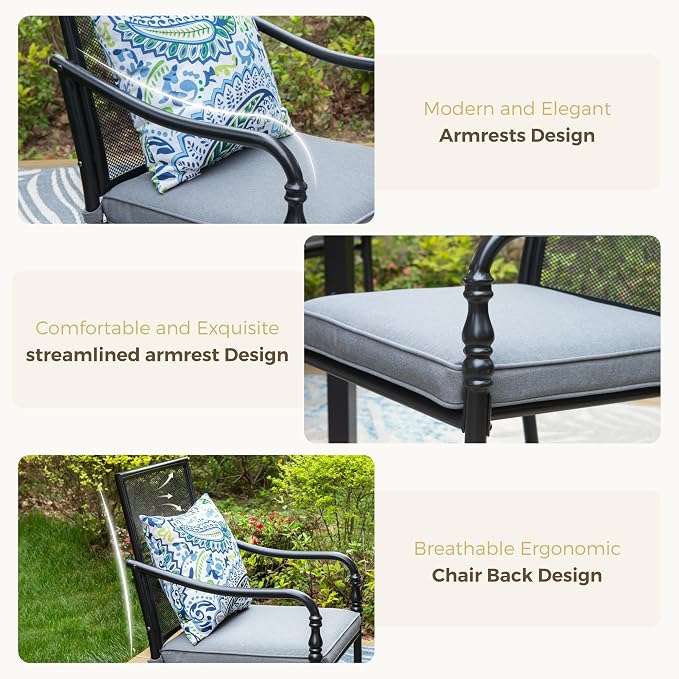 MIXPATIO 5 Piece Patio Metal Dining Set, Outdoor Table and Chairs for 4, Powder-Coating Steel Chairs with 4" Thickened Cushions, 42" Round Table with 1.57" Umbrella Hole for Deck, Backyard