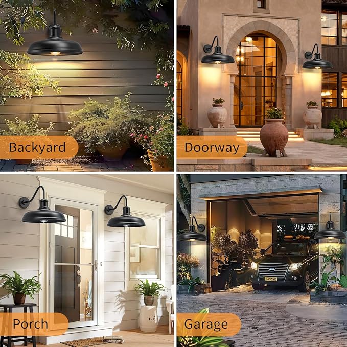 16'' Dome Large Gooseneck Barn Light Outdoor, Farmhouse Light, 2 Packs | Exterior Lighting Fixture, Industrial Outdoor Wall Sconce Outside Lantern for House, Porch, Garage, Black (No Sensor)