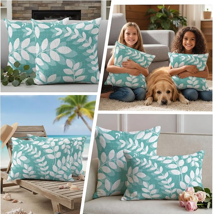 Teal Green Leaves Outdoor Waterproof Throw Pillow Covers 20x20 Set of 2, Farmhouse Botanical Branch Vintage Boho Leaf Decorative Pillowcases Cushion Pillowcase for Couch Sofa Patio Pillow Protector