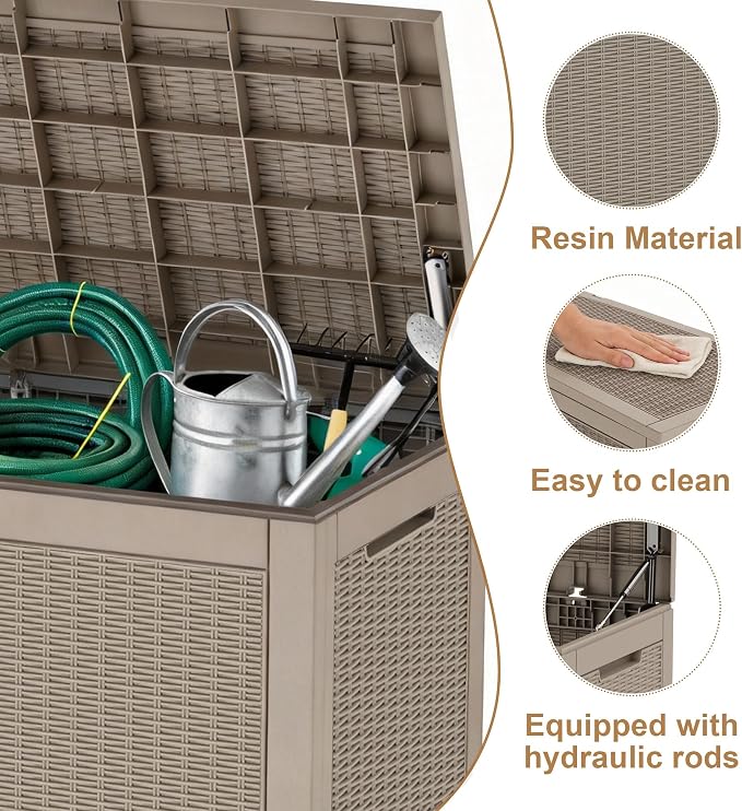 Vixzen 121 Gallon Waterproof Large Deck Box, Lockable Resin Outdoor Storage Box with Hydraulic Lid, Durable Storage Bin for Patio Furniture Cushions, Garden Tools, Pool Accessories, Grey